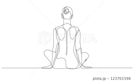 Naked woman sitting continuous one line drawing, rear view. Woman in mediation minimalist trendy line art. Contour vector illustration. Naked woman sitting continuous one line drawing, rear view. Woman in mediation minimalist trendy line art. Contour vector illustration. 123701598