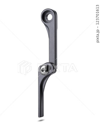 Front site of a graphite bicycle Road Chain catcher isolated on white background floating above the ground. 123701613