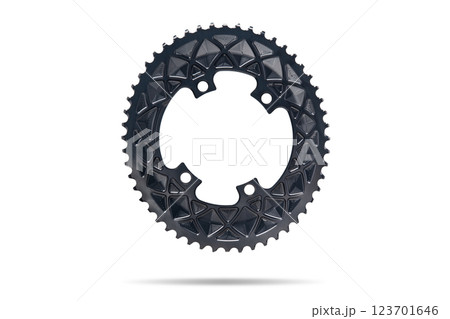 Black oval bicycle chainring against white isolated background, floating above the surface. Professional bicycle part. 123701646