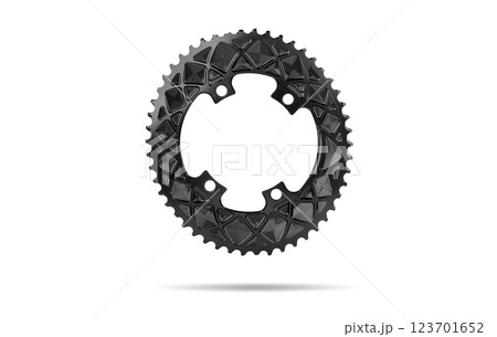 Black oval bicycle chainring against white isolated background, floating above the surface. Professional bicycle part. 123701652