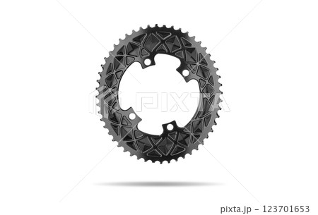 Black oval bicycle chainring against white isolated background, floating above the surface. Professional bicycle part. Black oval bicycle chainring against white isolated background, floating above the surface. Professional bicycle part. 123701653