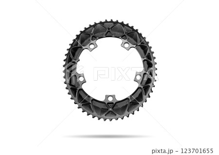 Black oval bicycle chainring against white isolated background, floating above the surface. Professional bicycle part. Black oval bicycle chainring against white isolated background, floating above the surface. Professional bicycle part. 123701655