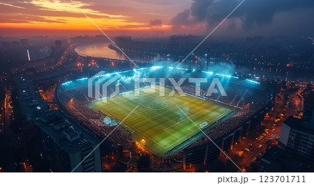 Large football soccer stadium with crowd of supporters during late evening match.AI Generative. 123701711