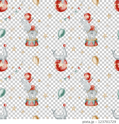 Watercolor seamless pattern with Circus elephant and seal with by stars, balloons and bunting. Childish background for nursery wallpaper or baby textile. Carnival backdrop with animals for kids design 123701729
