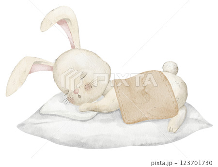 Charming watercolor illustration of cute Bunny sleeping on a pillow with a blanket. Drawing of cute Rabbit for bedtime nursery decor in beige pastel colors. Art of Hare for kids room prints and cards. 123701730