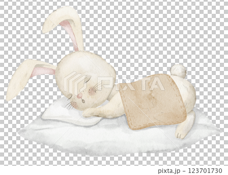 Charming watercolor illustration of cute Bunny sleeping on a pillow with a blanket. Drawing of cute Rabbit for bedtime nursery decor in beige pastel colors. Art of Hare for kids room prints and cards. 123701730