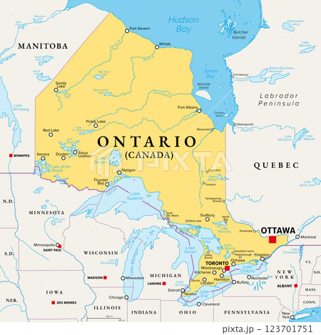 Ontario, southernmost province of Canada, political map. Located in Central Canada, the most populous province of the country with capital Toronto, and home of the national capital Ottawa. Vector 123701751