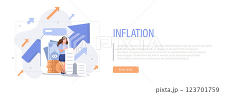 Inflation illustration. Character buying food in supermarket and worries about groceries rising price. Consumer price index growth and financial crisis concept. Vector illustration. 123701759