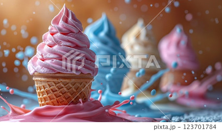 Mix of various colorful creamy ice cream cones in a splash of milk on pink background.AI Generative. 123701784