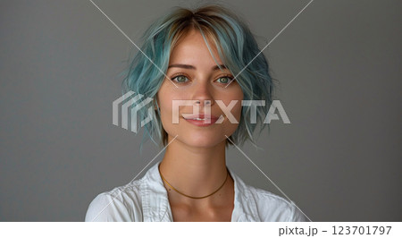 Young woman with short blue hair and beautiful eyes on grey background.Macro.AI Generative. 123701797