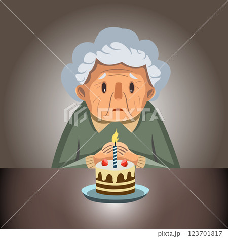 Vector drawing of sad elderly woman with birthday cake Illustration 123701817