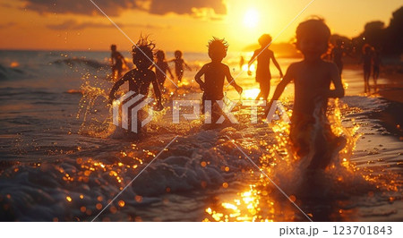 Happy kids having good time on the beach on sunny summer evening.AI Generative. 123701843