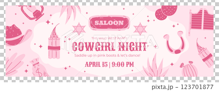 A playful horizontal banner for a cowgirl-themed party featuring pink-toned illustrations of a hat, lantern, dynamite, horseshoe, saloon sign, sheriff badges, cacti, and decorative text on a light 123701877