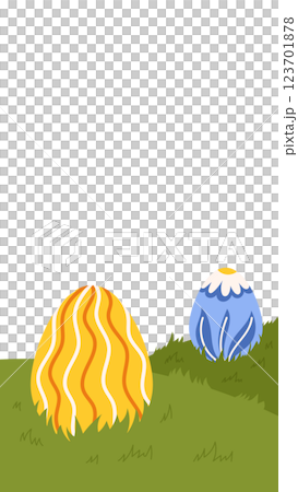 Easter egg hunt grass field background greeting card template vertical banner social media story. 123701878