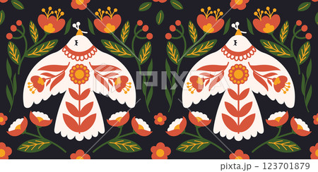 Folk Art Seamless Pattern with Stylized Birds and Floral Elements in Traditional Scandinavian Style on Dark Background. Folk Art Seamless Pattern with Stylized Birds and Floral Elements in Traditional Scandinavian Style on Dark Background. 123701879
