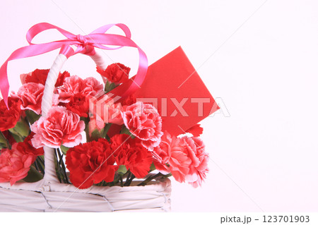 母の日　25　カーネーションのアレンジメントとメッセージカード 123701903