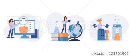 Medical tests illustration set. Laboratory doctor or chemist testing patients urine and blood samples and saving lab results online. Health care and medicine concept. Vector illustration. 123701905