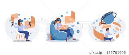 Metaverse web concept with people scenes set in flat style. Bundle of augmented virtual reality for online shopping, gaming, communication, science, study. Vector illustration with character design 123701906