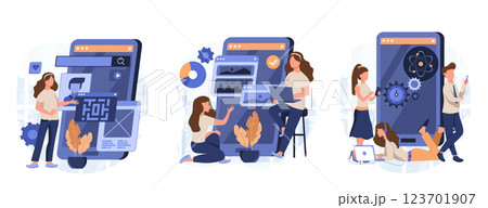 Mobile app development process abstract concept vector illustration set. React native mobile app, experience design, usability testing, user interface, software architecture abstract metaphor. 123701907