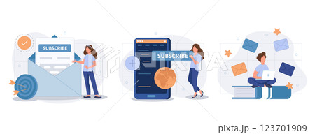 E-mail marketing and promotion illustration set. Characters sending advertising mails and promotional offers with sales and discounts. Ecommerce business concept. Vector illustration 123701909