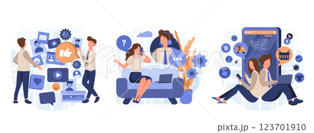 People using various opportunities of online communication. Set vector illustration with cartoon characters browsing shop page and analyzing data in social media and communicating with support agent 123701910