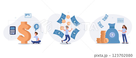 Passive income illustration set. Characters enjoying financial freedom and independence. Successfully and free of debts people planning budget. Vector illustration. 123702080