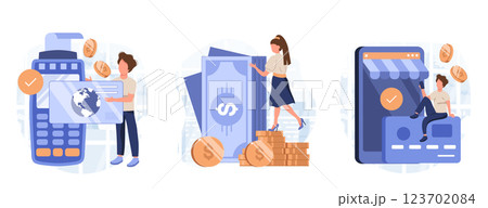 Payment methods illustration set. Characters paying with credit card, cash with banknotes and online by electronic bank transfer. Cash and electronic payments concept. Vector illustration. Payment methods illustration set. Characters paying with credit card, cash with banknotes and online by electronic bank transfer. Cash and electronic payments concept. Vector illustration. 123702084