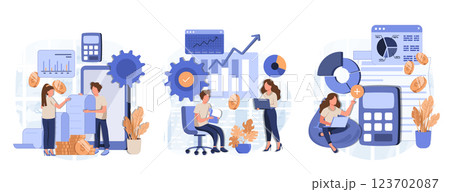 Characters manage finances. People calculating and analyzing personal or corporate budget, managing financial income, consulting with accountant. Flat cartoon vector illustration and icons set. 123702087