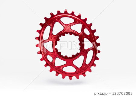 Red oval bicycle chainring against white isolated background, floating above the surface. Professional bicycle part. Red oval bicycle chainring against white isolated background, floating above the surface. Professional bicycle part. 123702093