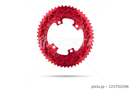 Red oval bicycle chainring against white isolated background, floating above the surface. Professional bicycle part. 123702096