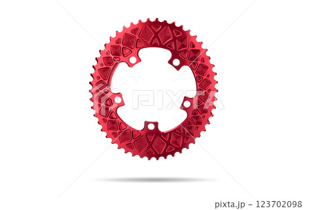Red oval bicycle chainring against white isolated background, floating above the surface. Professional bicycle part. 123702098