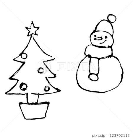 クリスマスツリーと雪だるまのイラスト 123702112