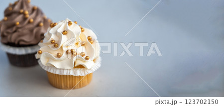 A duo of gourmet cupcakes with creamy frosting and golden decorations, minimal setting A duo of gourmet cupcakes with creamy frosting and golden decorations, minimal setting 123702150