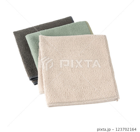 Cleaning cloth isolated, beige, grey, green wipe rag, cleaning microfiber towel, wiping cotton 123702164