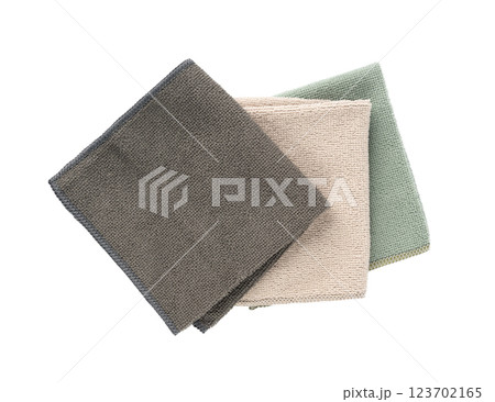 Cleaning cloth isolated, beige, grey, green wipe rag, cleaning microfiber towel, wiping cotton 123702165
