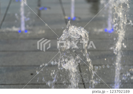 Fountain Water Texture Background, Falling Fresh Fountain Jets, Waterfall Splash Pattern, Summer Park 123702189