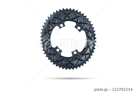 Graphite oval bicycle chainring against white isolated background, floating above the surface. Professional bicycle part. 123702254