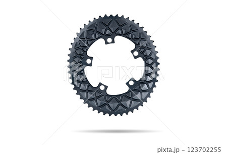 Graphite oval bicycle chainring against white isolated background, floating above the surface. Professional bicycle part. 123702255
