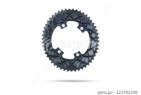 Graphite oval bicycle chainring against white isolated background, floating above the surface. Professional bicycle part. 123702256