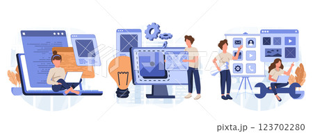 IT profession collection. Programmer write software and create code for computer. Coding script for project and app. Digital technology for website, interface and devices. Vector illustration. 123702280
