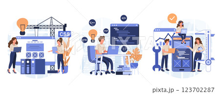 IT profession collection. Programmer write software and create code for computer. Coding script for project and app. Digital technology for website, interface and devices. Vector illustration. IT profession collection. Programmer write software and create code for computer. Coding script for project and app. Digital technology for website, interface and devices. Vector illustration. 123702287