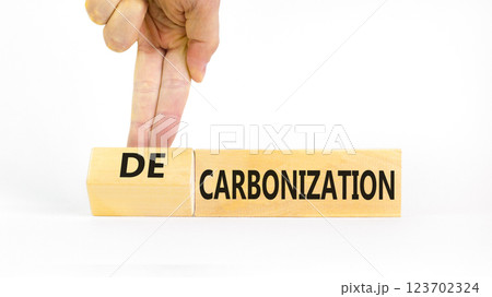 Decarbonization or carbonization symbol. Concept words Decarbonization or Carbonization on wooden blocks. Beautiful white background. Business decarbonization or carbonization concept. Copy space. Decarbonization or carbonization symbol. Concept words Decarbonization or Carbonization on wooden blocks. Beautiful white background. Business decarbonization or carbonization concept. Copy space. 123702324