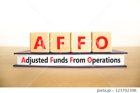 AFFO symbol. Concept word AFFO Adjusted Funds From Operations on beautiful wooden blocks and book. Beautiful white background. Business AFFO Adjusted Funds From Operations concept. Copy space. 123702396