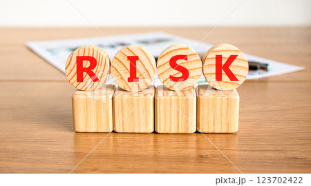 Risk symbol. Concept word Risk on beautiful wooden circles on wooden blocks. Beautiful wooden table white background. Business, lifestyle, support and risk concept. Copy space. 123702422