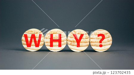 Why question symbol. Concept word Why question on beautiful wooden circles. Beautiful grey table grey background. Business, lifestyle, support and why question concept. Copy space. 123702435