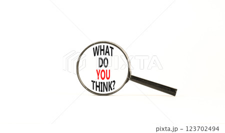 What do you think symbol. Concept words What do you think on beautiful magnifying glass. Beautiful white table white background. Business and What do you think concept. Copy space. 123702494
