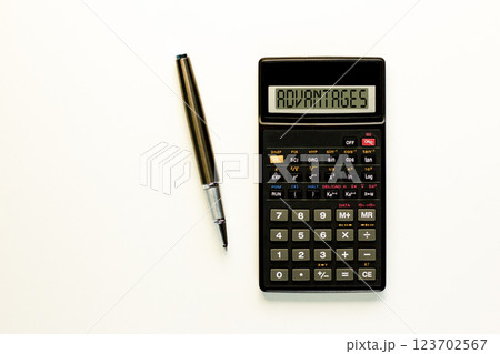 Advantages symbol. Concept word Advantages on beautiful black calculator. Beautiful white paper background. Beautiful black pen. Business advantages concept. Copy space. Advantages symbol. Concept word Advantages on beautiful black calculator. Beautiful white paper background. Beautiful black pen. Business advantages concept. Copy space. 123702567