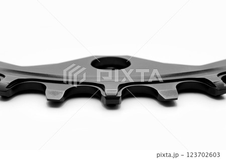 Close up of a black oval bicycle chainring against white isolated background, lies flat on the surface. Professional bicycle part. 123702603
