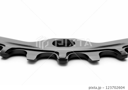 Close up of a black oval bicycle chainring against white isolated background, lies flat on the surface. Professional bicycle part. 123702604