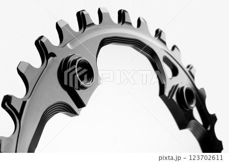 Close up of a black oval bicycle chainring against white isolated background, lies flat on the surface. Professional bicycle part. 123702611